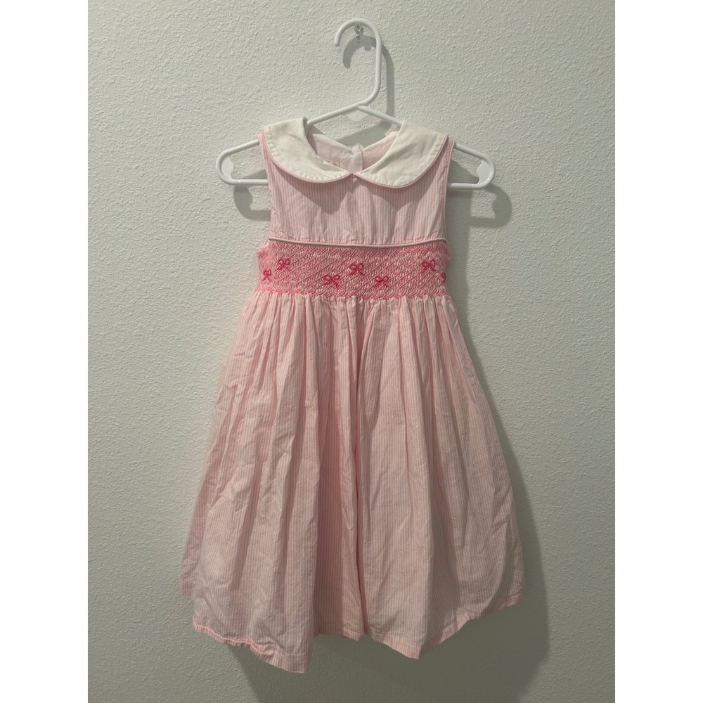 Laura Ashley London Pink Seersucker Smocked Bow Dress Peter Pan Collar 2T